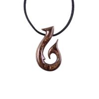 Hand Carved Fish Hook Pendant Necklace, Mens Wood Necklace, Handmade Fisherman Jewelry, One of a Kind Gift for Him