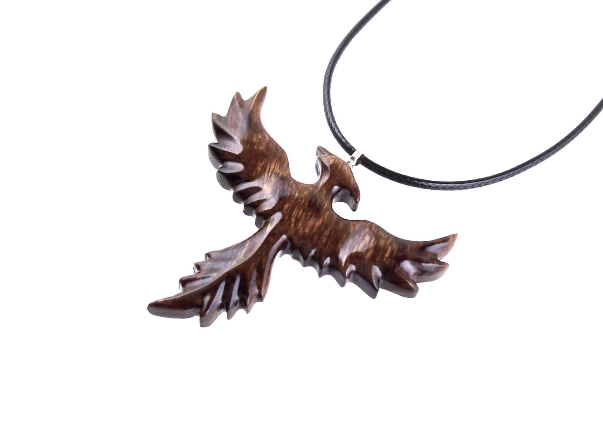 Rising Phoenix Necklace, Hand Carved Wooden Phoenix Pendant, Fantasy Wood Jewelry, Firebird Inspirational Gift for Him Her