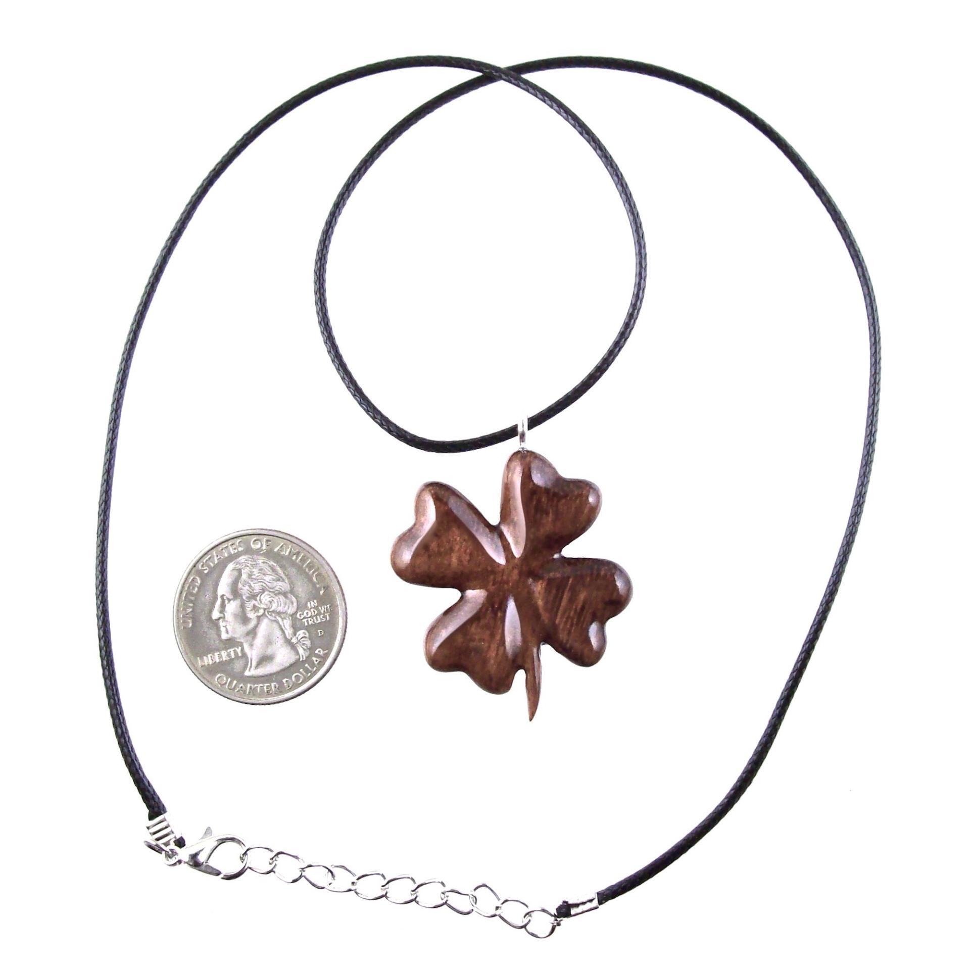 Hand Carved Four Leaf Clover Necklace, Wooden Shamrock Pendant, Lucky Charm Amulet, Good Luck Wood Jewelry Gift for Her