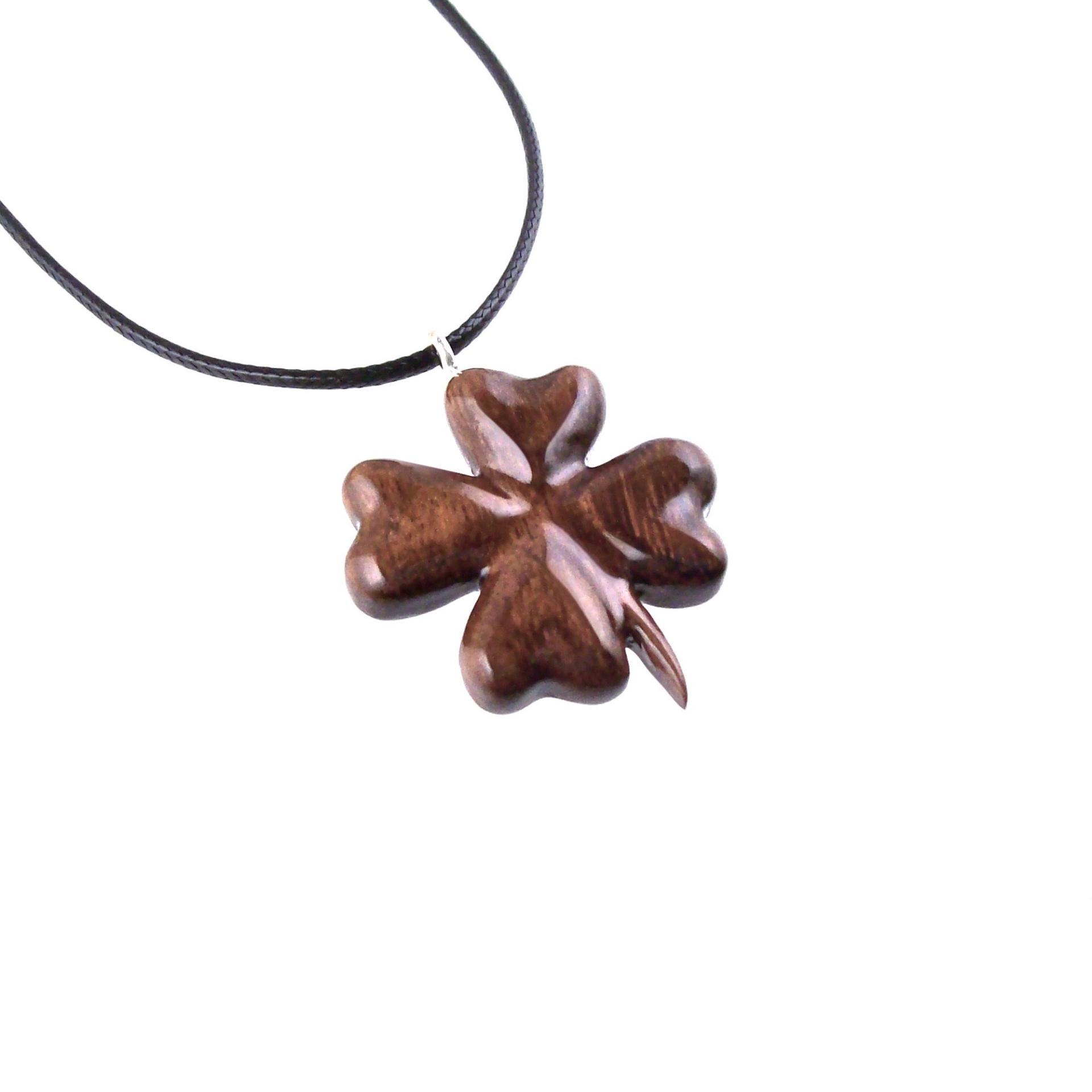 Hand Carved Four Leaf Clover Necklace, Wooden Shamrock Pendant, Lucky Charm Amulet, Good Luck Wood Jewelry Gift for Her