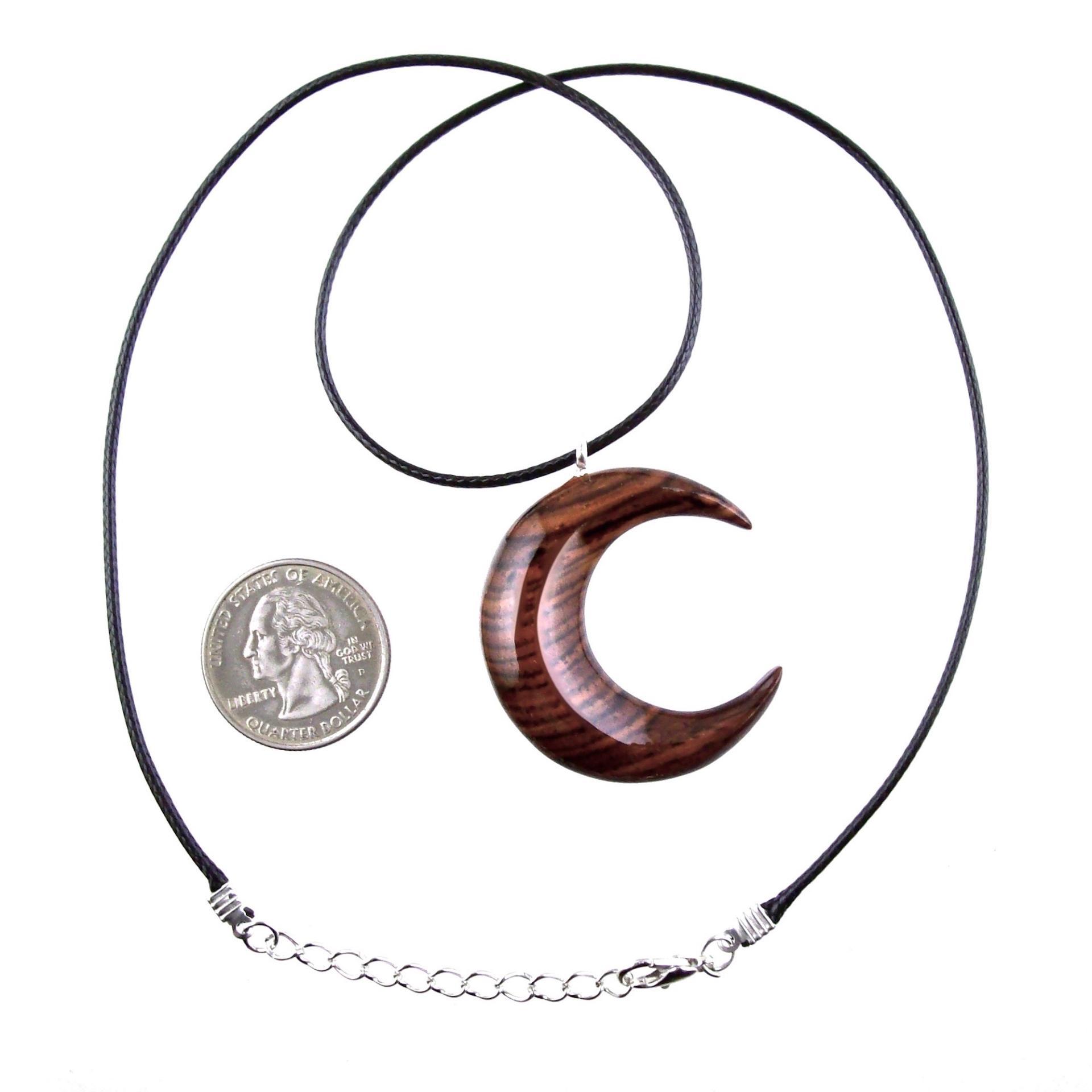 Hand Carved Wooden Crescent Moon Pendant Necklace, Handmade Celestial Wood Jewelry, One of a Kind Gift