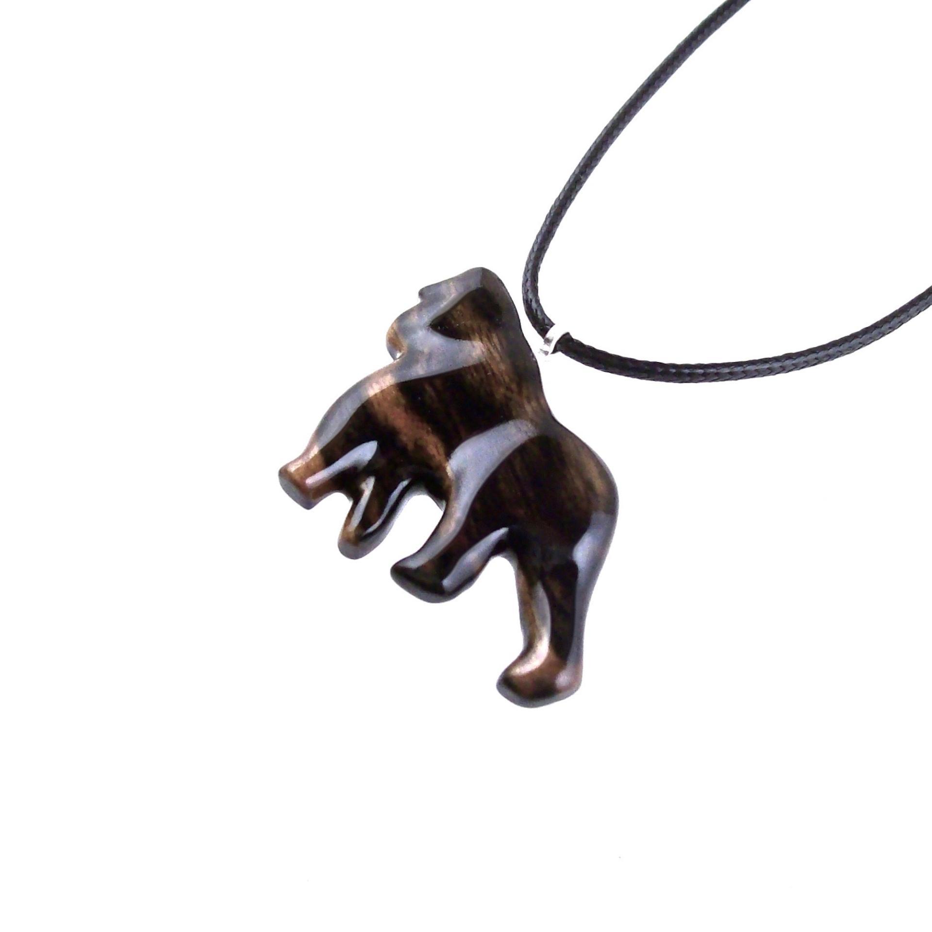 Gorilla Necklace, Hand Carved Wooden Gorilla Pendant, Animal Necklace, Gift for Him, Mens Wood Jewelry in Black with Brown Streaks