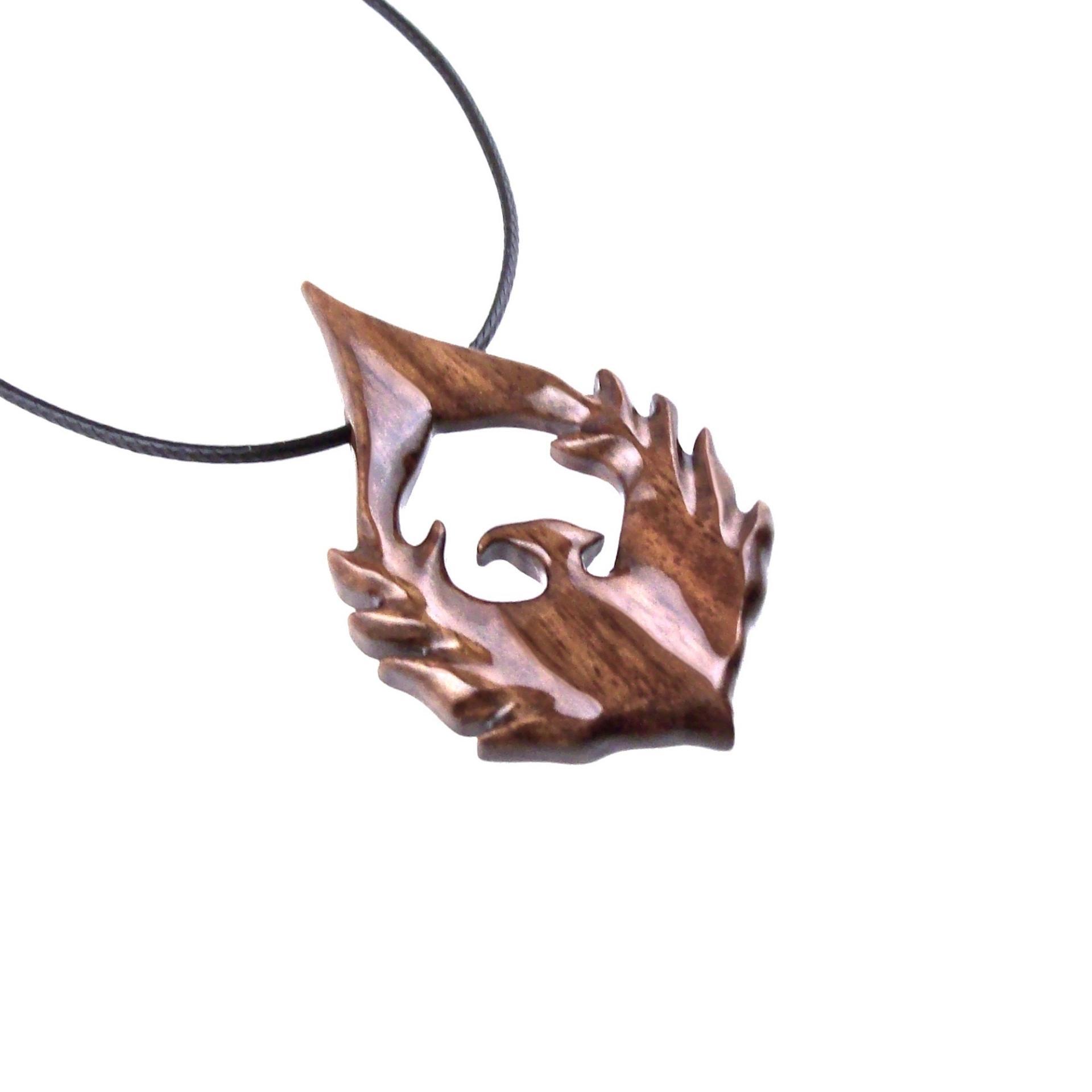 Wooden Rising Phoenix Necklace, Hand Carved Firebird Pendant, Handmade Inspirational Wood Jewelry Gift for Her Him