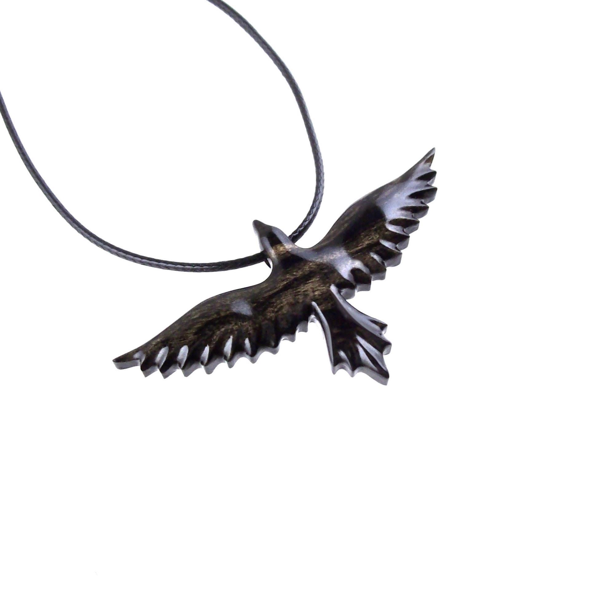 Flying Raven Necklace, Hand Carved Wooden Raven Pendant, Crow Necklace for Men or Women, Wood Bird Pendant, Totem Jewelry