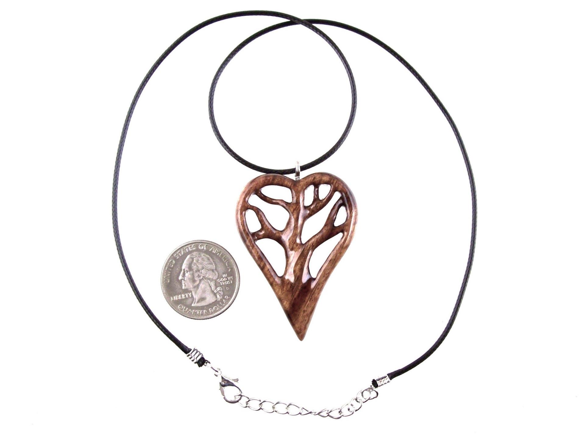 Wooden Heart Pendant, Hand Carved Tree of Life Necklace, Wood Heart Jewelry, One of a Kind 5th Anniversary Gift for Her