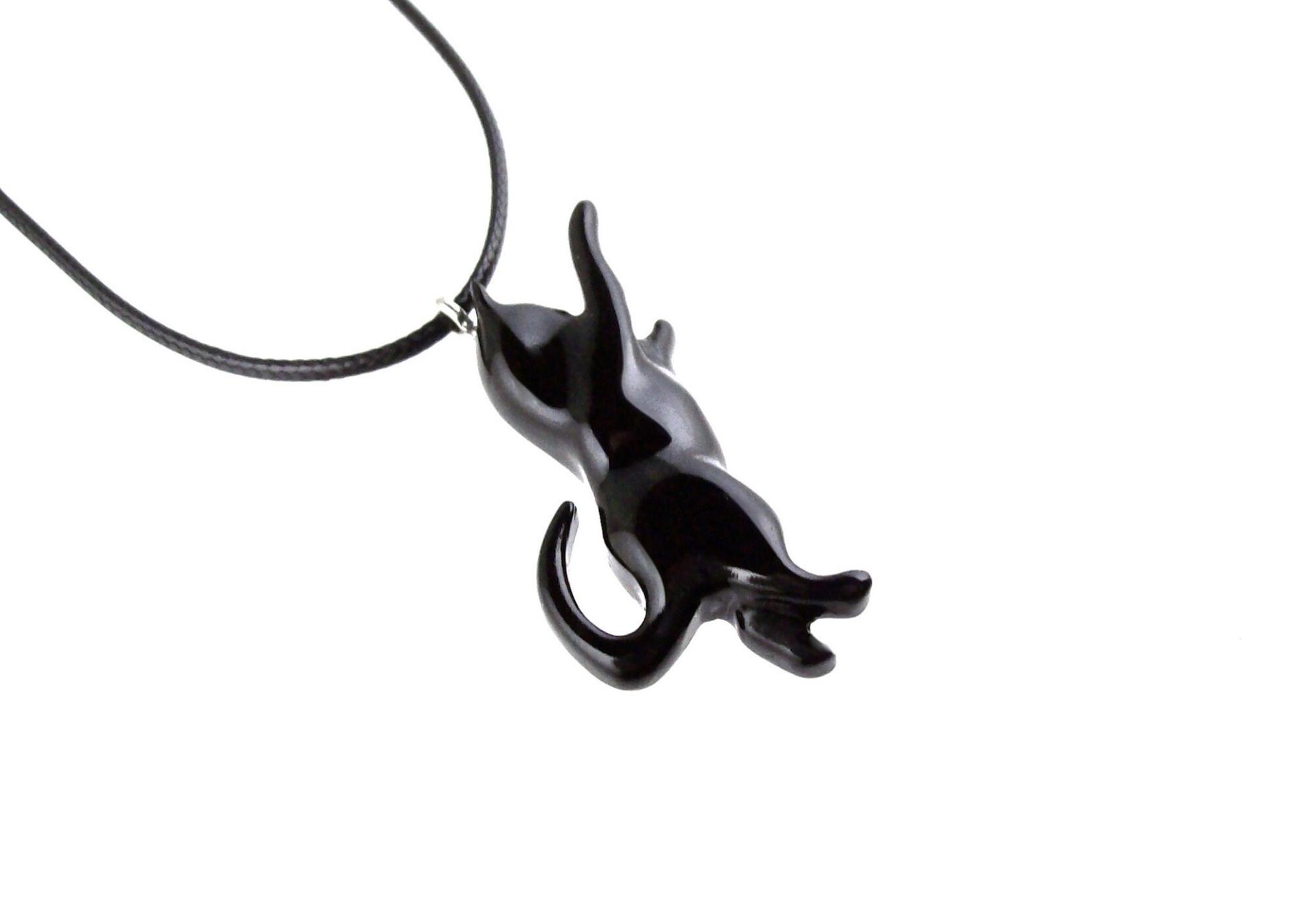 Hand Carved Black Cat Pendant, Wooden Kitten Necklace for Men or Women, Pet Animal Jewelry, Cat Lover Gift for Him Her