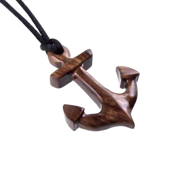 Hand Carved Wooden Anchor Pendant, Mens Wood Necklace, Handmade Nautical Jewelry Gift for Him