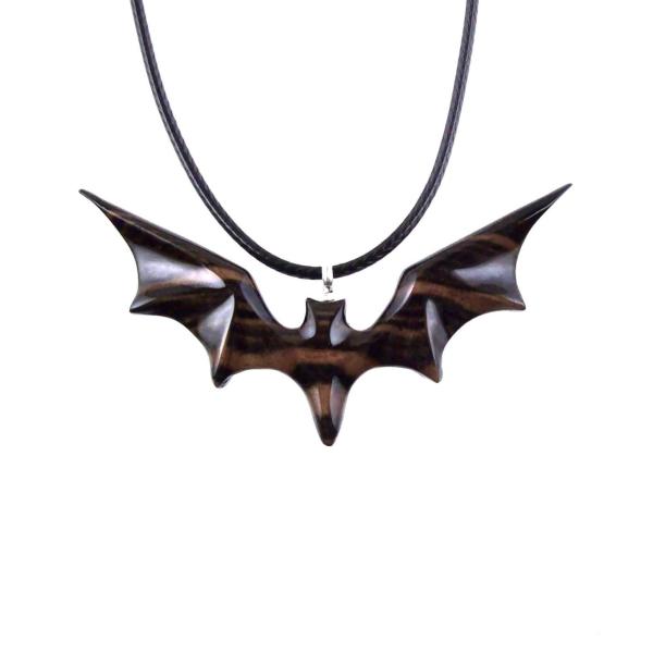 Bat Necklace, Hand Carved Wooden Bat Pendant, Gothic Wood Jewelry Gift for Women Men in Black and Brown