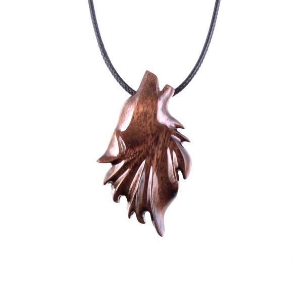 Howling Wolf Necklace, Hand Carved Wooden Wolf Head Pendant, Spirit Animal Totem, Handmade Wood Jewelry for Men or Women
