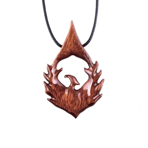 Hand Carved Wooden Phoenix Pendant Necklace, Fantasy Firebird Inspirational Wood Jewelry Gift for Him Her