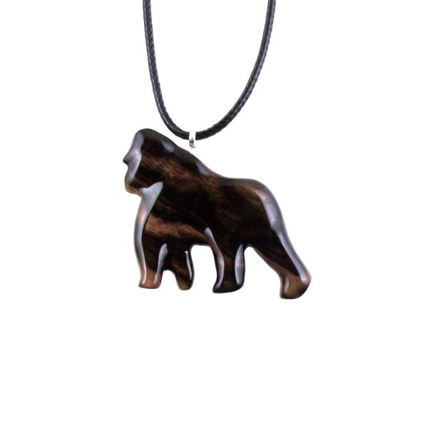 Gorilla Necklace, Hand Carved Wooden Gorilla Pendant, Animal Necklace, Gift for Him, Mens Wood Jewelry in Black with Brown Streaks