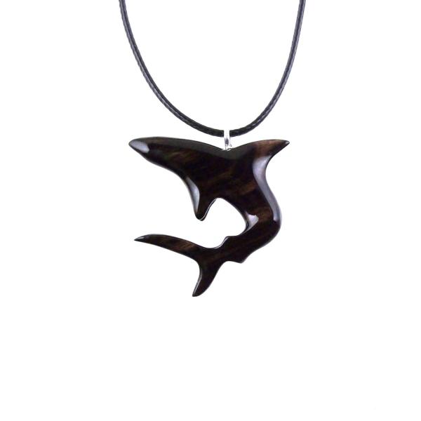 Shark Pendant, Hand Carved Wooden Shark Necklace, Mens Wood Pendant, Nautical Jewelry Gift for Him in Black with Brown Streaks