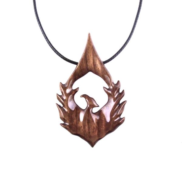 Wooden Rising Phoenix Necklace, Hand Carved Firebird Pendant, Handmade Inspirational Wood Jewelry Gift for Her Him