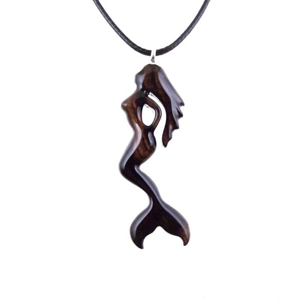 Hand Carved Wooden Mermaid Necklace, Mermaid Pendant, Wood Siren Jewelry, One of a Kind Gift for Women