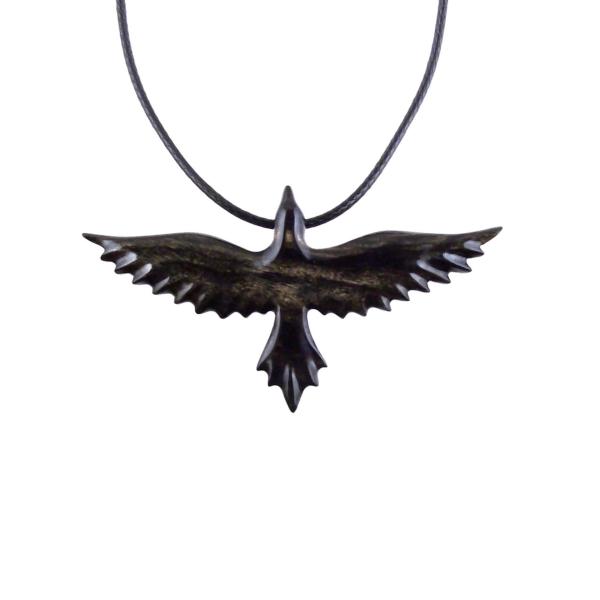 Flying Raven Necklace, Hand Carved Wooden Raven Pendant, Crow Necklace for Men or Women, Wood Bird Pendant, Totem Jewelry