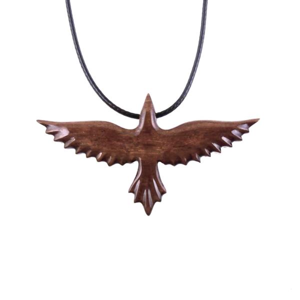 Flying Raven Necklace, Hand Carved Wooden Crow Pendant, Totem Wood Bird Jewelry for Men or Women, One of a Kind Gift for Him Her