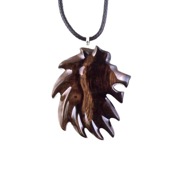 Lion Head Necklace, Hand Carved Wooden Lion Pendant, Mens Wood Necklace, Spirit Animal Leo Jewelry, One of a Kind Gift for Him