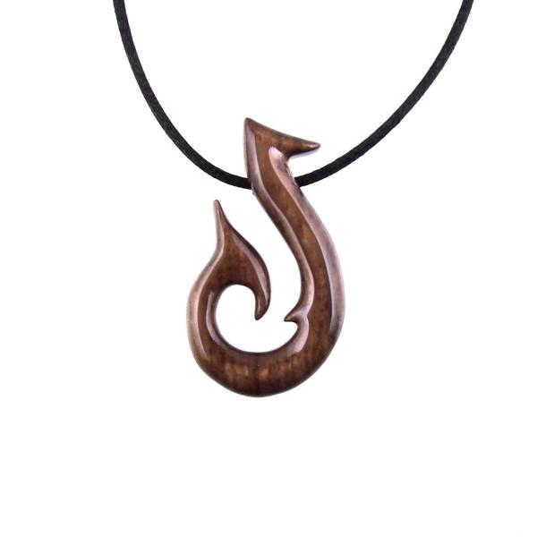 Wooden Fish Hook Pendant Necklace for Men, Hand Carved Fisherman Wood Jewelry, One of a Kind Angler Gift