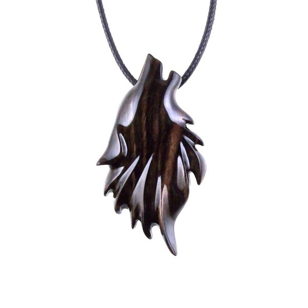 Wooden Wolf Necklace, Hand Carved Wood Wolf Head Pendant, Spirit Animal Totem, Woodland Jewelry in Black with Brown Streaks