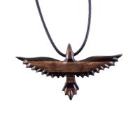 Raven Necklace, Hand Carved Wooden Crow Pendant for Men Women, Flying Bird Totem Wood Jewelry Gift in Black with Brown Streaks