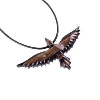 Raven Necklace, Hand Carved Wooden Crow Pendant for Men Women, Flying Bird Totem Wood Jewelry Gift in Black with Brown Streaks