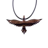 Raven Necklace, Hand Carved Wooden Crow Pendant for Men Women, Flying Bird Totem Wood Jewelry Gift in Black with Brown Streaks