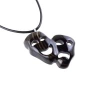 Hand Carved Comedy Tragedy Mask Pendant Necklace, Handmade Wooden Drama Jewelry for Men Women