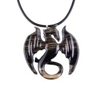 Dragon Necklace for Men Women, Hand Carved Wooden Dragon Pendant, Fantasy Wood Jewelry Gift for Her Him