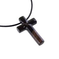 Hand Carved Wood Cross Necklace, Wooden Cross Pendant, Christian Jewelry for Men in Black with Brown Streaks