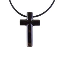 Hand Carved Wood Cross Necklace, Wooden Cross Pendant, Christian Jewelry for Men in Black with Brown Streaks