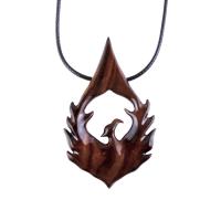 Hand Carved Wooden Phoenix Necklace, Firebird Wood Pendant, Inspirational Jewelry Gift for Men Women