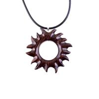 Hand Carved Sun Wooden Necklace, Celestial Sunburst Pendant, Solar Eclipse Wood Jewelry