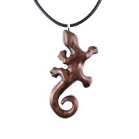 Hand Carved Gecko Pendant, Wooden Lizard Necklace, Wood Salamander Necklace, Totem Animal Jewelry Gift