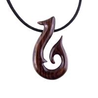Hand Carved Fish Hook Pendant, Mens Wood Necklace, One of a Kind Wooden Fisherman Jewelry