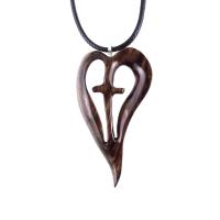Women Cross Necklace, Wooden Heart Pendant, Hand Carved Wood Cross Necklace, 5th Anniversary Gift for Her, Christian Jewelry
