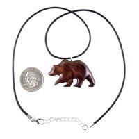 Wood Bear Necklace, Hand Carved Wooden Grizzly Bear Pendant for Men or Women, Spirit Animal Totem Jewelry Gift for Him Her