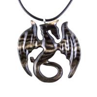 Dragon Necklace for Men Women, Hand Carved Wooden Dragon Pendant, Fantasy Wood Jewelry Gift
