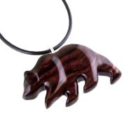 Wood Bear Necklace, Hand Carved Wooden Grizzly Bear Pendant for Men or Women, Spirit Animal Totem Jewelry Gift for Him Her