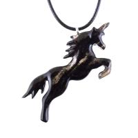 Hand Carved Wooden Unicorn Pendant Necklace, Fantasy Animal Wood Jewelry Gift for Her Him