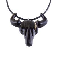 Bull Skull Necklace, Hand Carved Wooden Buffalo Head Pendant, Ox Cowboy Pendant, Taurus Jewelry