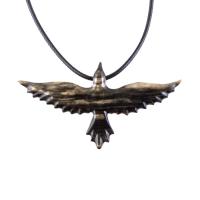 Flying Raven Necklace, Hand Carved Wooden Crow Pendant for Men Women, Wood Bird Jewelry