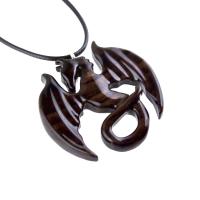 Dragon Necklace for Men Women, Wooden Dragon Pendant, Hand Carved Fantasy Wood Jewelry