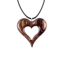 Reversible Brown Wooden Open Heart Pendant with 18 inches black cord necklace with lobster clasp.