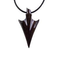 Hand Carved Arrowhead Necklace, Wooden Arrow Pendant, Mens Wood Necklace, Tribal Jewelry in Black with Brown Streaks