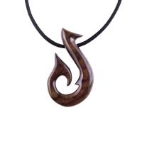 Hand Carved Fish Hook Pendant Necklace, Mens Wood Necklace, Handmade Fisherman Jewelry, One of a Kind Gift for Him