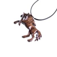 A wooden horse pendant necklace with a black cord. The horse is brown and has a detailed mane and tail.