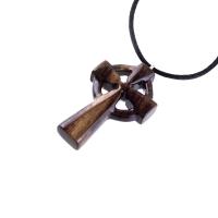 A brown wooden celtic cross pendant with black cord with glossy finish.
