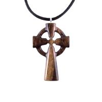 A brown wooden celtic cross pendant with black cord with glossy finish.