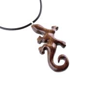 Hand Carved Gecko Pendant, Wooden Lizard Necklace, Wood Salamander Necklace, Totem Lizard Jewelry Gift for Men or Women