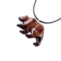 Wood Bear Necklace, Hand Carved Wooden Grizzly Bear Pendant for Men or Women, Spirit Animal Totem Jewelry Gift for Him Her